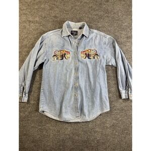 Quizz Again Women's Embroidered Cat Denim Button-Up Long Sleeve Collared Shirt S